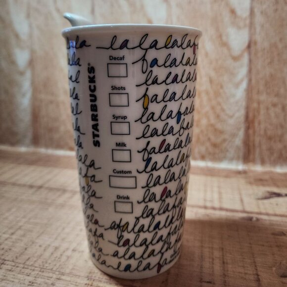 2011 STARBUCKS Falala Travel Mug Holiday Fa La La Double Wall Ceramic & Lid 12oz - Picture 9 of 11